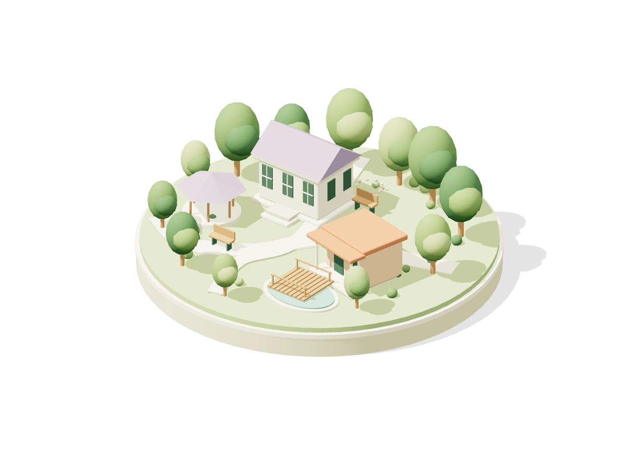 A miniature green campus with winding paths, a lavender-roofed library, trees, and a quiet pond.